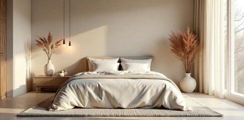Serene bedroom interior, soft lighting highlights calming neutral tones and plush textiles Minimalist decor creates a peaceful atmosphere perfect for relaxation and sleep , comfort, design, retreat