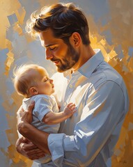 Oil painting of a father holding baby against soft golden light, classic and emotional tone