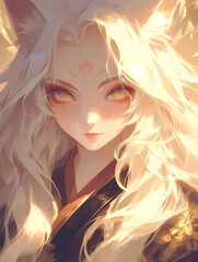 Anime character with long white hair, yellow eyes, traditional Japanese kimono, gentle smile, gazing at viewer.