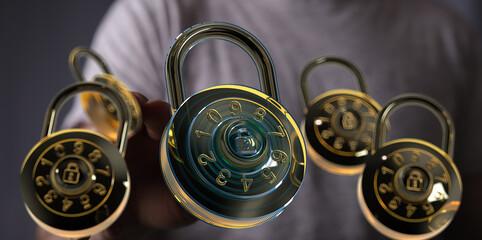 High-quality image of combination locks, ideal for cybersecurity, data protection, and privacy...