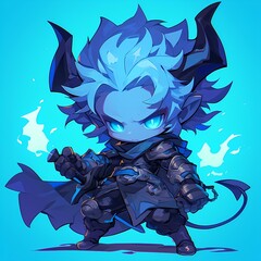 Anime demon boy with blue skin, pointed ears, fiery sword, poised for battle.