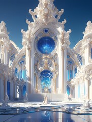 Grand ornate fantasy building with dome and arches, intricate designs, clear blue sky, architectural landscape.