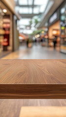Medium brown wood table top blurred shopping mall bright lights retail space