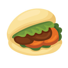 Asian street food with soft bao bun filled with meat, lettuce and vegetables, cartoon vector.