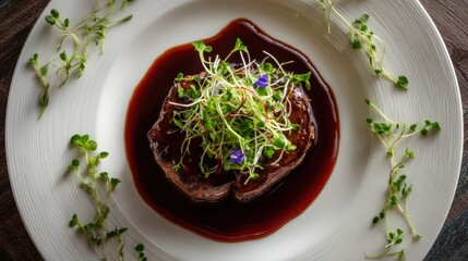 Gourmet Pan Seared Beef Filet mignon with Red Wine Reduction Sauce and Microgreens Garnish on a White Plate