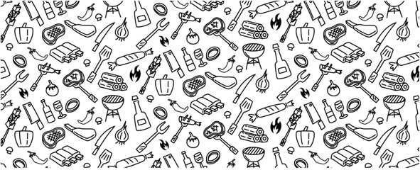 bbq barbeque meat beef pork steak grilled seamless pattern background doodle hand drawing barbecue