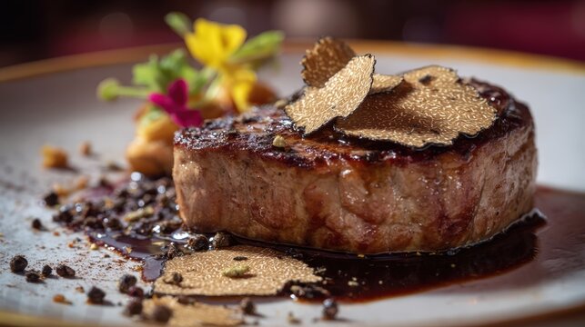 Gourmet Beef Steak with Black Truffle Garnish Luxurious Restaurant Dish Delicious Food