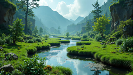 Fototapeta premium Serene River Valley with Lush Greenery and Mountain Backdrop