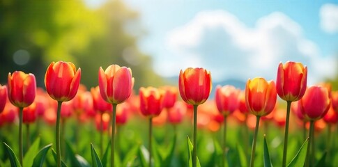 Vibrant tulips bursting into bloom in a lush green field under a bright spring sky Perfect for springtime themes, gardening, Easter, and fresh beginnings , sky, botany