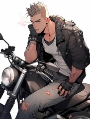 A man with a mohawk and leather jacket sits on a black motorcycle, looking off to the side with smoke billowing from the exhaust pipe.