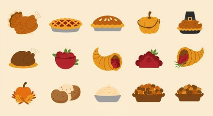 Thanksgiving Food Icons Pies Turkey and More