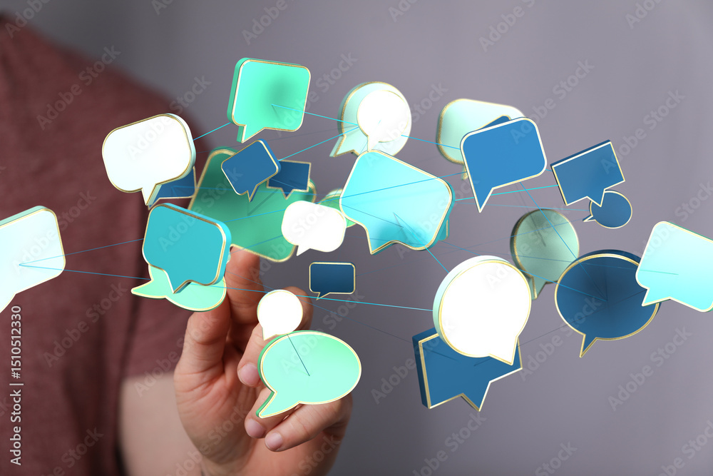 Poster abstract image of interconnected speech bubbles, symbolizing global communication and networking.