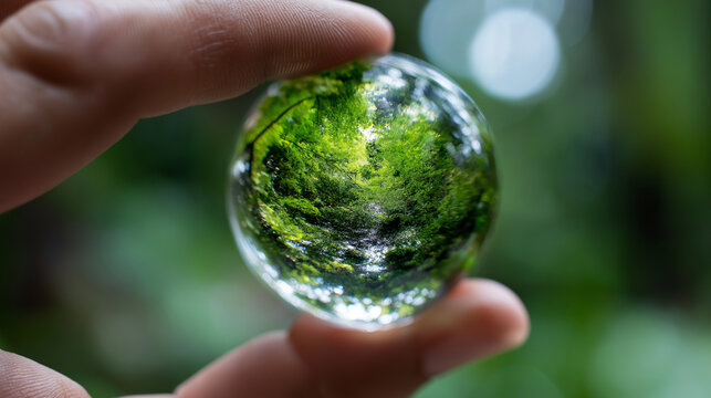 Hand h&auml;lt transparente Glaskugel mit gr&uuml;nem Waldmotiv als Symbol f&uuml;r Naturschutz