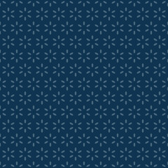 Vector floral seamless pattern. Abstract dark blue minimal geometric ornament with flowers in oriental style, diamonds, stars. Subtle minimalist background texture. Repeated design for decor, textile
