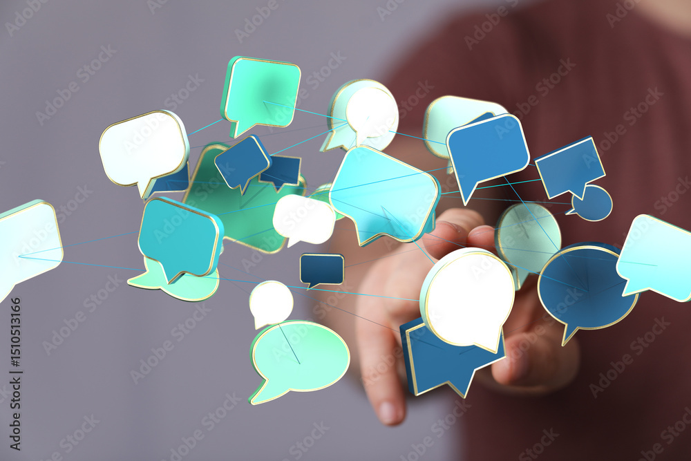 Poster abstract image of interconnected speech bubbles, symbolizing global communication and networking.