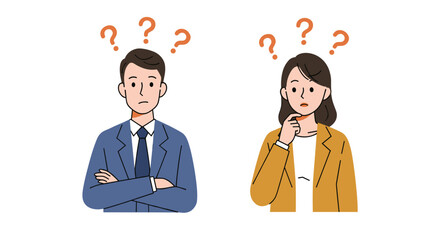 Confused man and woman with question marks above their heads  