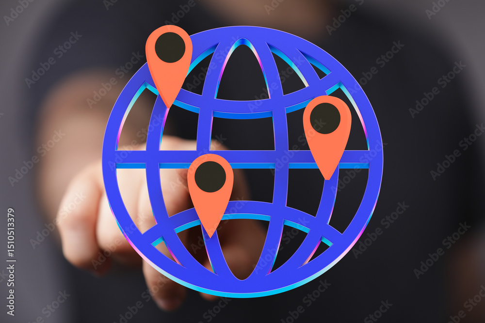 Poster 3D illustration of a globe with location markers, representing global reach and connectivity.