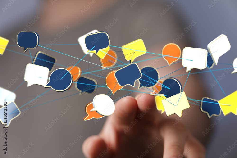 Poster abstract image of interconnected speech bubbles, representing global communication and networking.