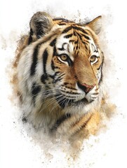 Fototapeta premium Hyper-realistic portrait of a Siberian tiger with vibrant watercolor splashes showing dynamic contrasts and bold colors, symbolizing wildlife conservation and saving endangered species.