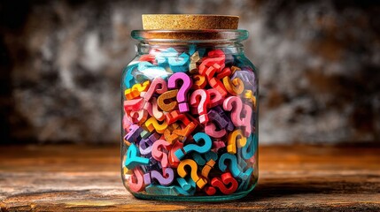 Colorful question marks in glass jar on wood table, concept image of mystery and curiosity