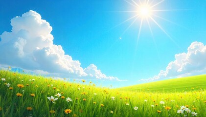 A vibrant sunny day, carefree clouds drift across a clear blue sky, sunbeams dappling the landscape Perfect for summer, vacation, and travel themes , majestic, optimistic, tranquility