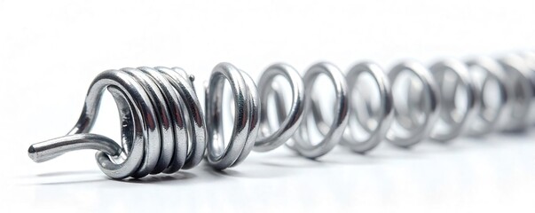 Intricate metal coil spring, tightly wound and gleaming, isolated on a white background Perfect for industrial, mechanical, or abstract design projects Shows texture and detail , spring, mechanical