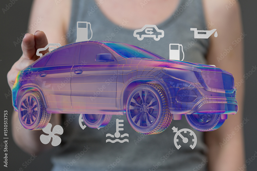 Poster digital image of a person holding a holographic suv with various car service and maintenance icons.
