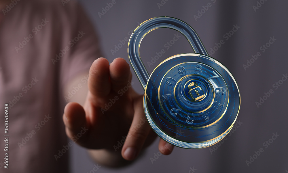 Poster hand reaching for a digital combination lock, symbolizing online security and data protection.