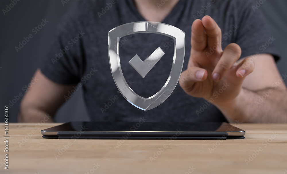 Poster Man interacts with a digital shield, symbolizing online security and data protection.