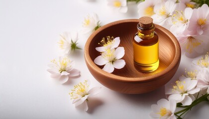 Fototapeta premium essential oil in wooden bowl surrounded by blossoms on a bright surface