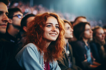 Young woman enjoying live music concert with crowd watching performing artists