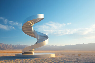 Abstract spiral staircase standing in desert void