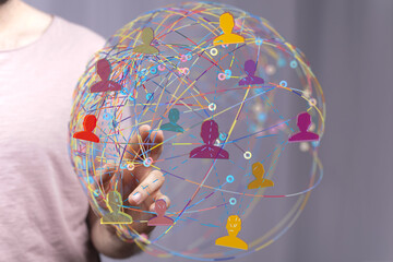 Visual representation of a global network, showing interconnected people via technology.