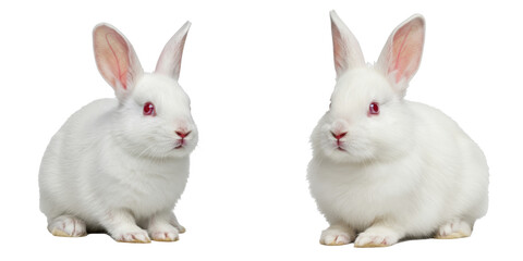 Fototapeta premium Two fluffy white rabbits sitting side by side, playful pets with long ears, perfect for animal-themed content or decoration. Isolated on white background or PNG