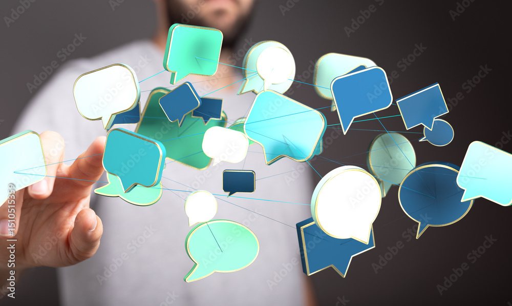 Poster abstract image of interconnected speech bubbles, symbolizing global communication and networking.