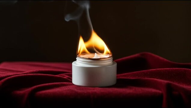 Burning cream jar on red fabric, 3D render, trendy visual