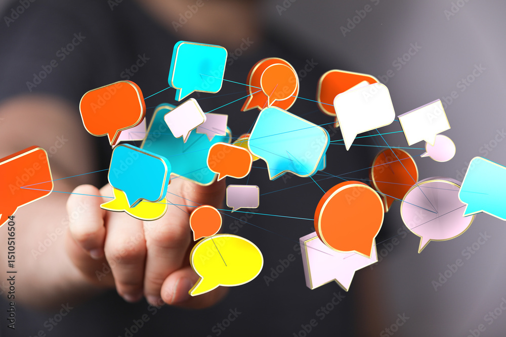 Poster abstract image of interconnected speech bubbles symbolizing global communication and networking.