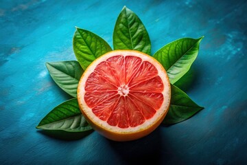 Surreal Half Grapefruit Still Life: Blue Surface, Lush Leaves, Abstract Photography