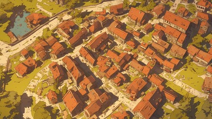 Obraz premium Fantasy city landscape, red roof buildings, architecture, roads, water, digital painting.