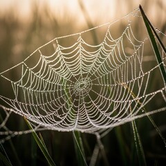 Dewdrops on Spider Web in Morning Light