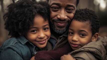 Happy Black Father Embracing His Children