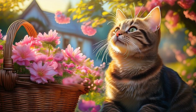 quaint village scene a tabby cat gazing upward itrs detailed fur bathed in sunlight while a rustic wicker basket overflows with delicate pink flowers in the foreground