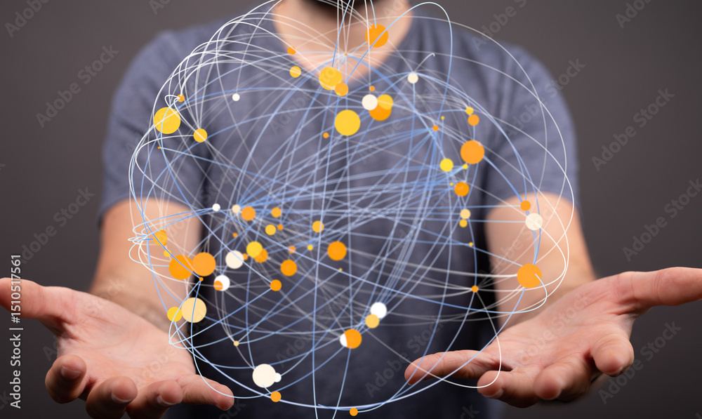 Poster abstract image of a man holding a digital sphere representing global connections and networking.