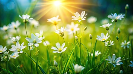 Surreal White Wildflowers, Vibrant Green Grass, Sunlight Photography, Fantasy Floral, Dreamlike Meadow