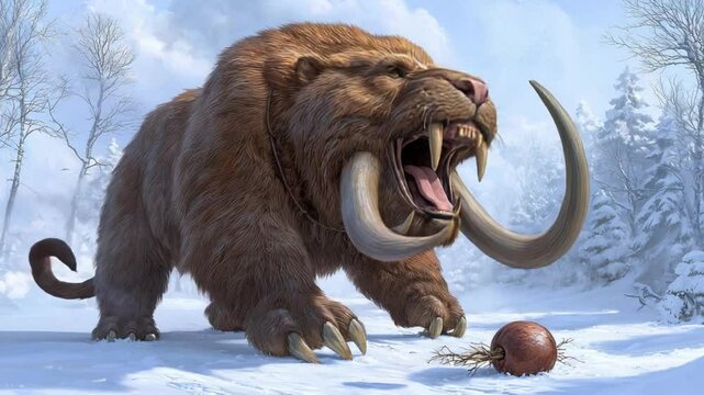 Massive prehistoric creature with large tusks standing in snowy landscape, representing ancient wilderness and survival
