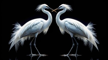 Symmetrical White Crane Double Exposure, Elegant Bird Photography, Black Background,  Double Exposure Art, Bird Silhouette