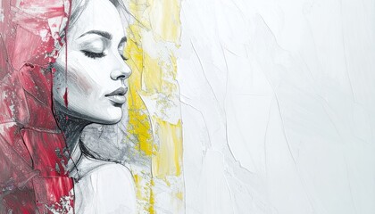 Artistic portrait of a woman with closed eyes, side profile, against a textured background with red, yellow, and white colors, serene and contemplative.