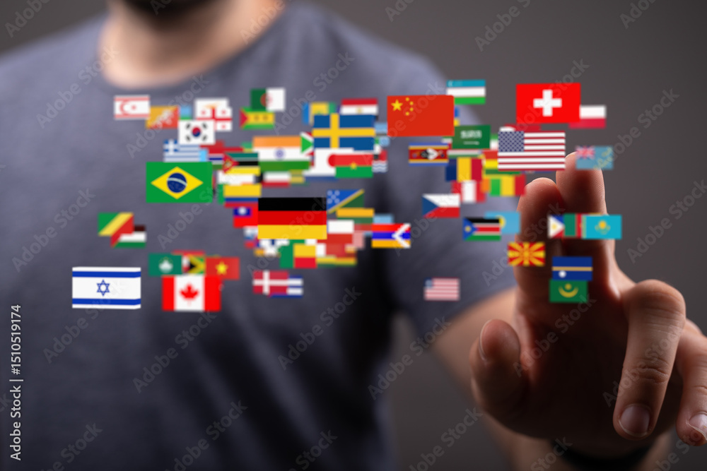 Poster person interacts with a digital display of world flags, symbolizing global connectivity and internat