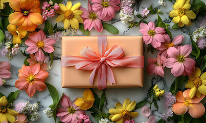 Gift box surrounded by flowers