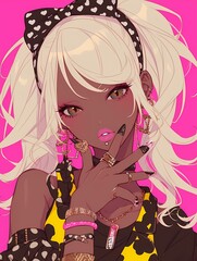 Stylized anime character, dark brown skin, blonde twin tails, jewelry, black yellow top, subtle smile, gazing at viewer.